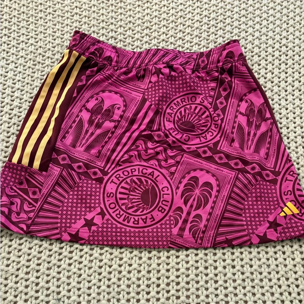 FARM Rio x Adidas Pink Tropical Print Mini Skirt with Gold Stripes - Picture 7 of 12